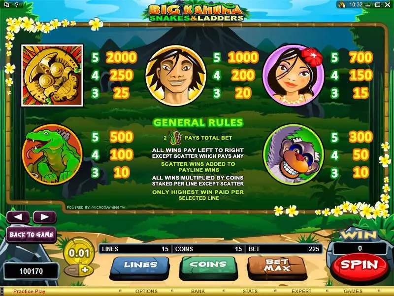 Big Kahuna - Snakes and Ladders Microgaming Slots - Info and Rules