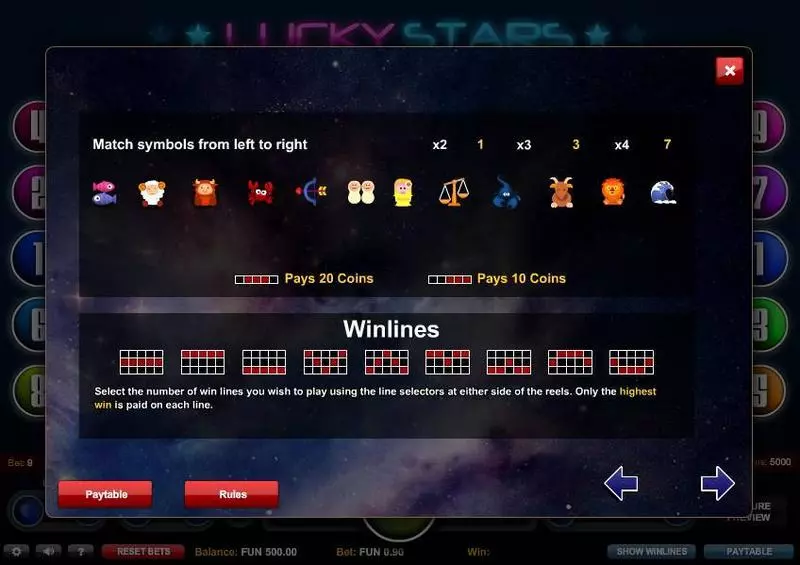 Lucky Stars 1x2 Gaming Slots - Paytable