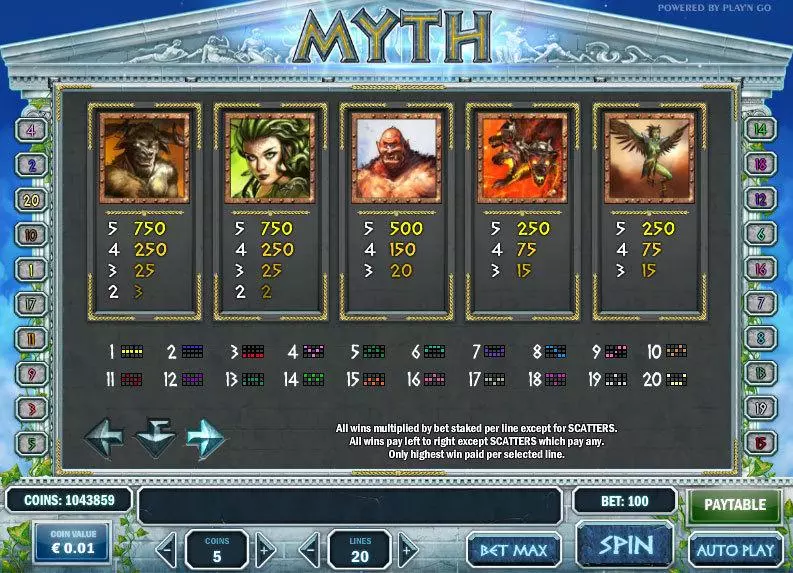 Myth Play'n GO Slots - Info and Rules
