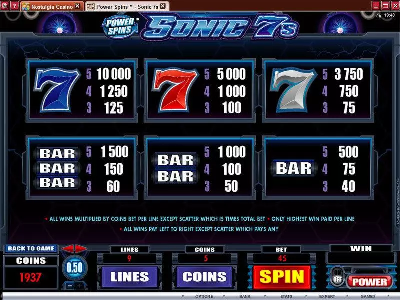Power Spins - Sonic 7's Microgaming Slots - Info and Rules