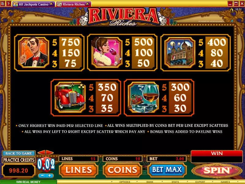 Riviera Riches Microgaming Slots - Info and Rules