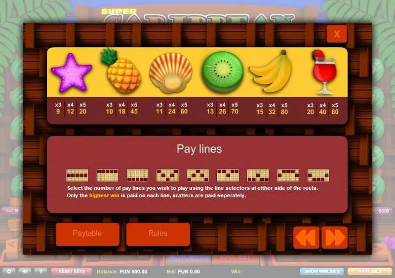 Super Caribbean Cashpot 1x2 Gaming Slots - Paytable