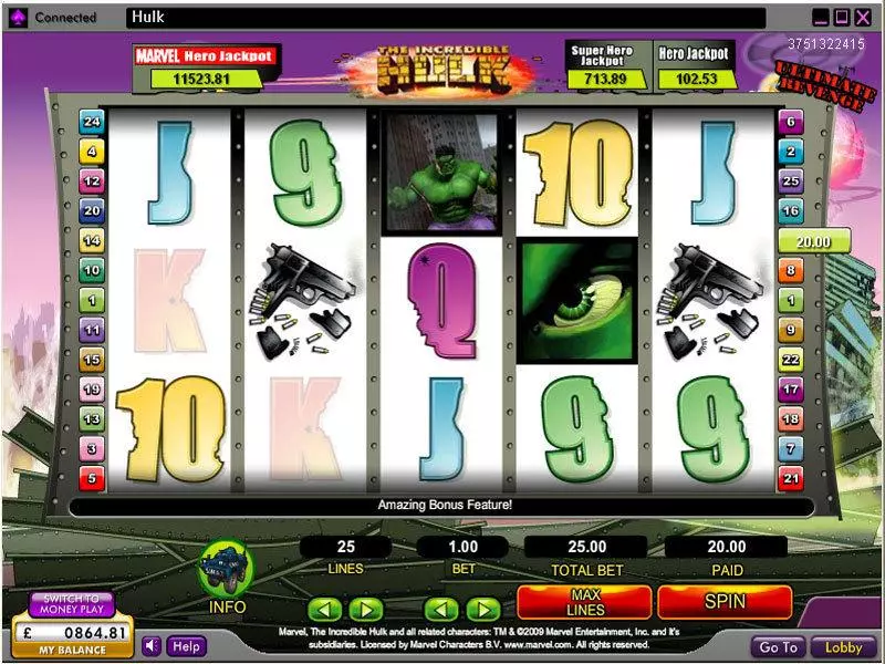 The Incredible Hulk 888 Slots - Main Screen Reels