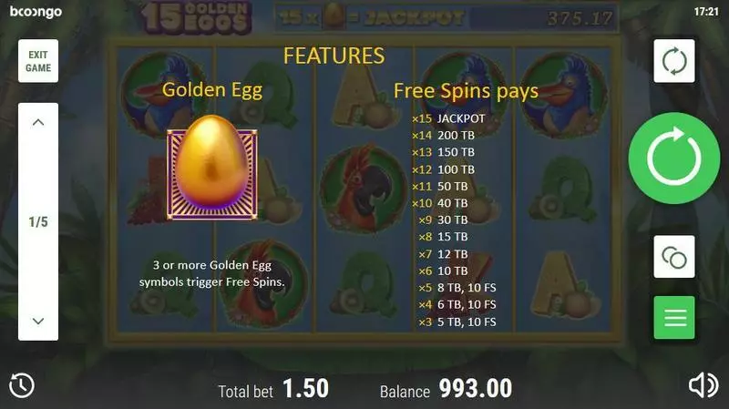 15 Golden Eggs Booongo Slots - Free Spins Feature