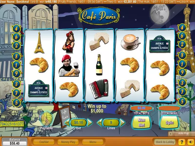 Cafe Paris NeoGames Slots - Main Screen Reels