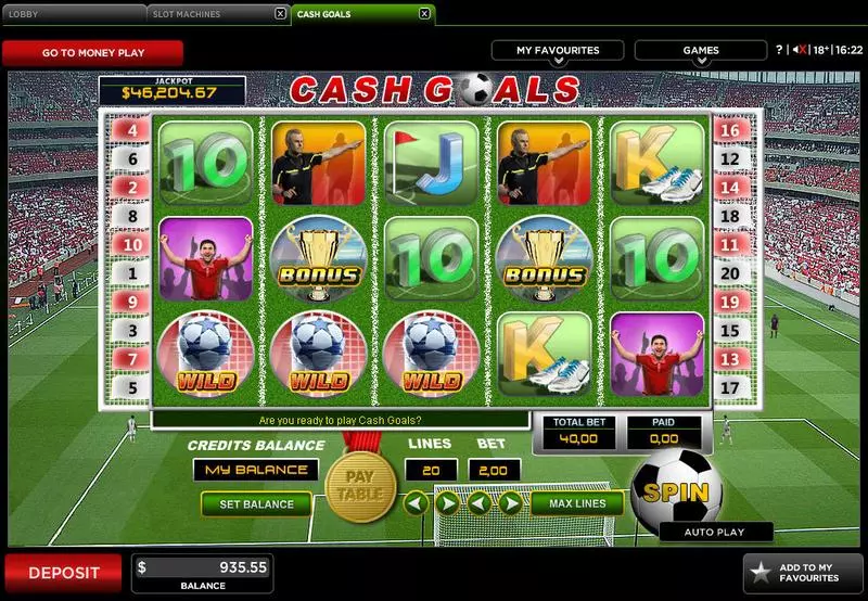 Cash Goals 888 Slots - Main Screen Reels