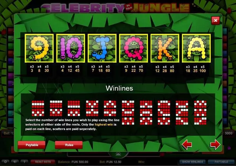 Celebrity in the Jungle 1x2 Gaming Slots - Paytable