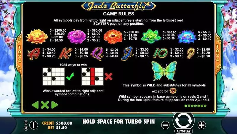 Jade Butterfly Pragmatic Play Slots - Paytable
