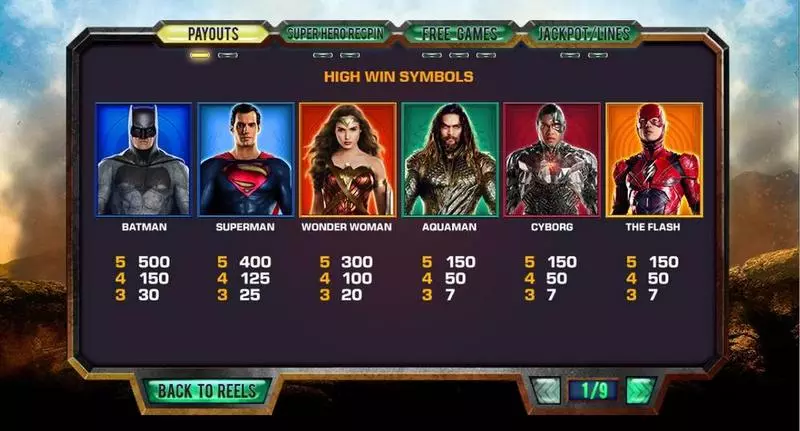 Justice League PlayTech Slots - Paytable