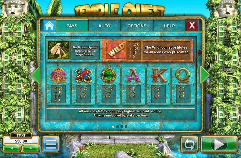 Temple Quest Spinfinity Big Time Gaming Slots - Paytable