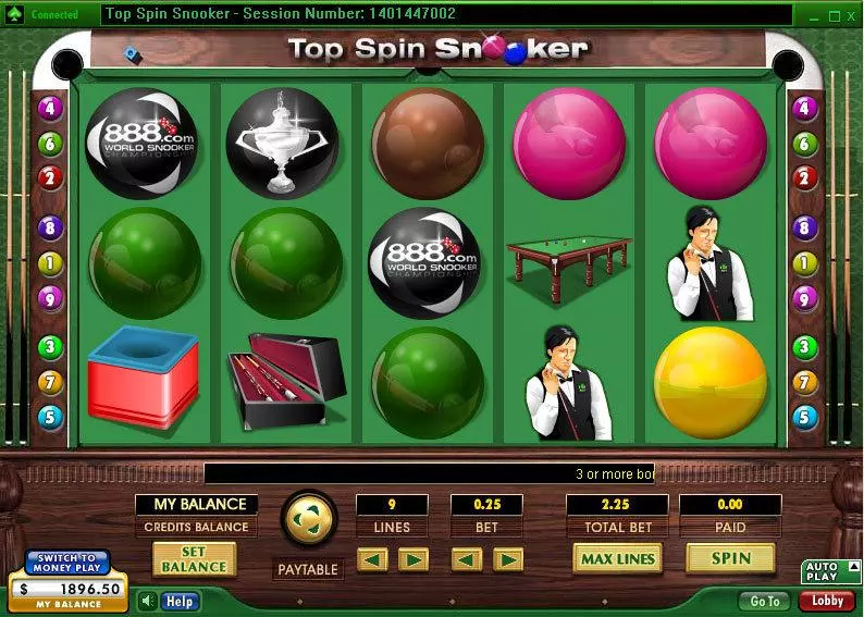 Top Spin Snooker 888 Slots - Main Screen Reels