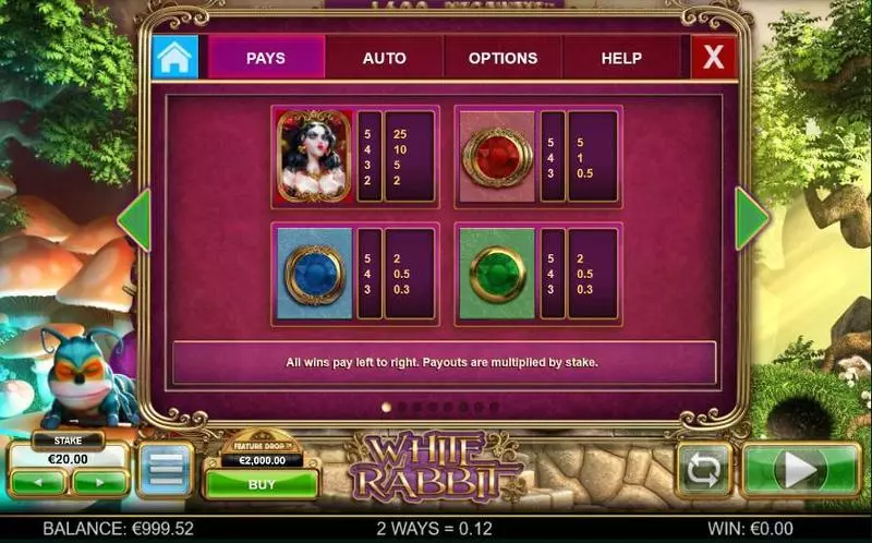 White Rabbit Big Time Gaming Slots - Paytable